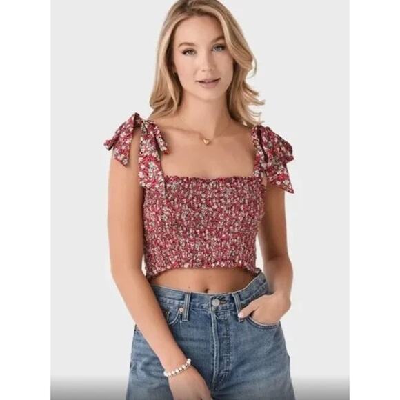 NWT Poupette St Barth Triny Smocked Crop Top Square Neck Size Med Pink Paquertte - Picture 1 of 7